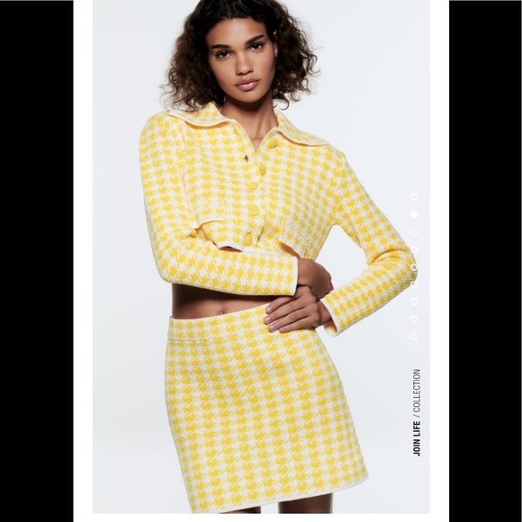 Zara Dresses & Skirts - NWT Zara 2 Piece Knit Set- Cardigan + Mini Skirt- Yellow and White Houndstooth